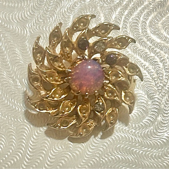 Jewelry - Gold Pink Opal Swirl Brooch with Purple Stone Pin